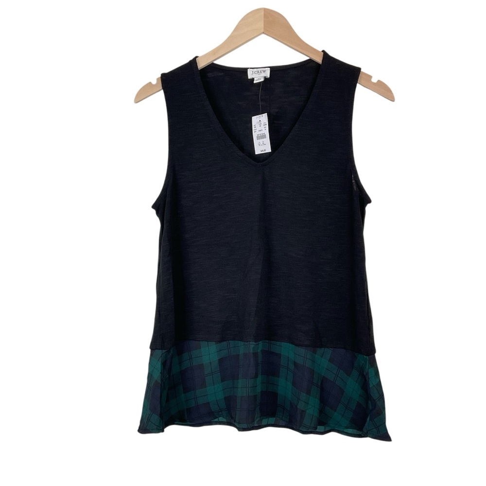 J. Crew Black Drapey Tank Top Plaid Woven Hem Size Medium